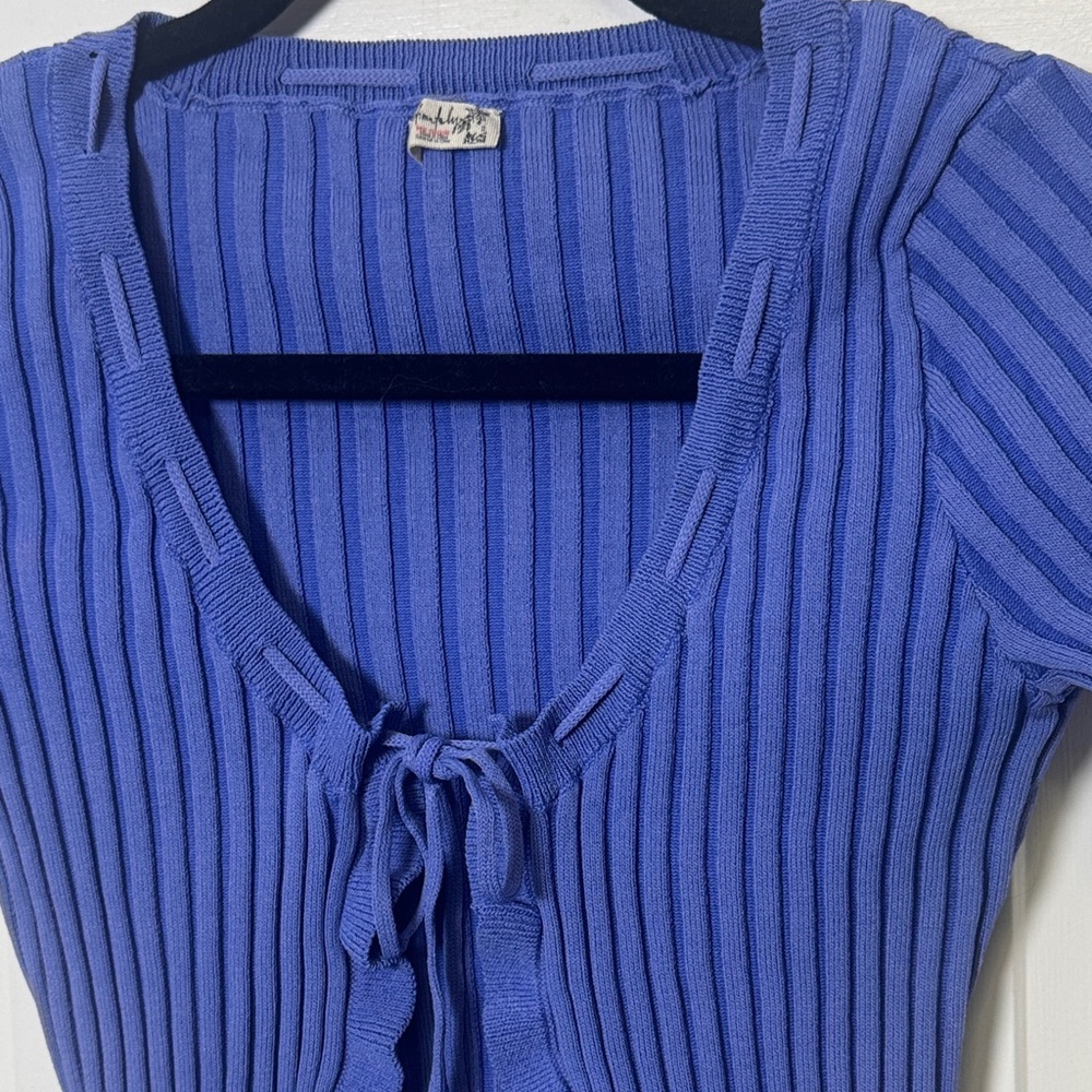 Intimately Free People Blue Ribbed Knit Ruffle Tie Front Short Sleeve Top XS - Picture 6 of 8